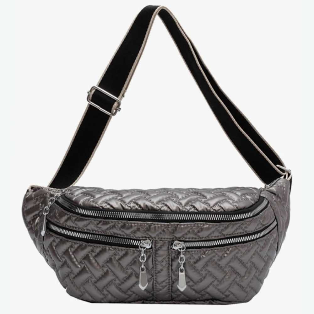 Temkin NWT Metallic Gunmetal Quilted Puff Sling Chest Bag Bum Bag